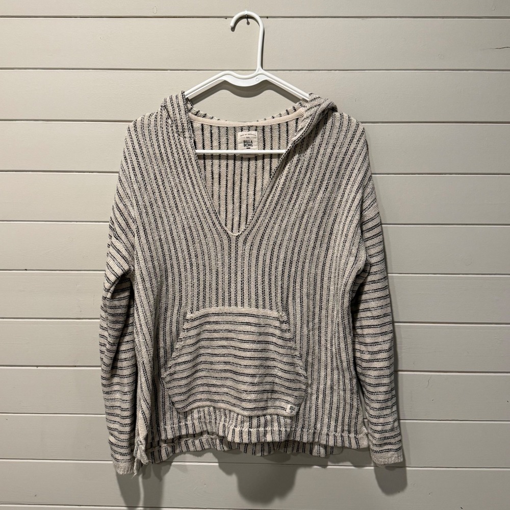 Billabong Womens Large Striped‎ Knit Hoodie Cream Black Coastal Boho Sweater